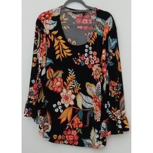 Attitudes by Renee Blouse Size XL Black Multicolored Floral Ruffle Sleeves